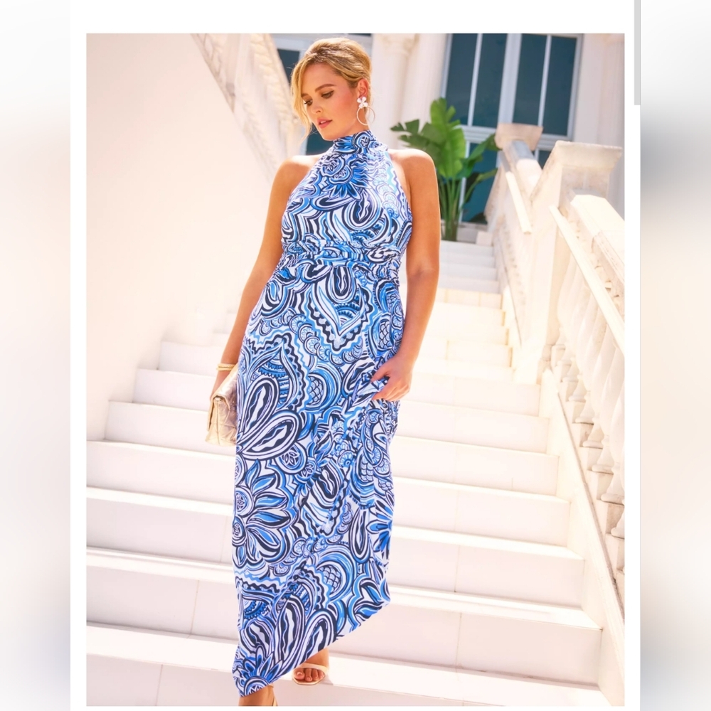 Blue and White Sheath Halter Maxi Dress